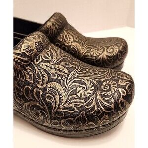 Dansko Professional Clog Leather Black Antique Gold Tooled Size EU 38 US 7.5  8